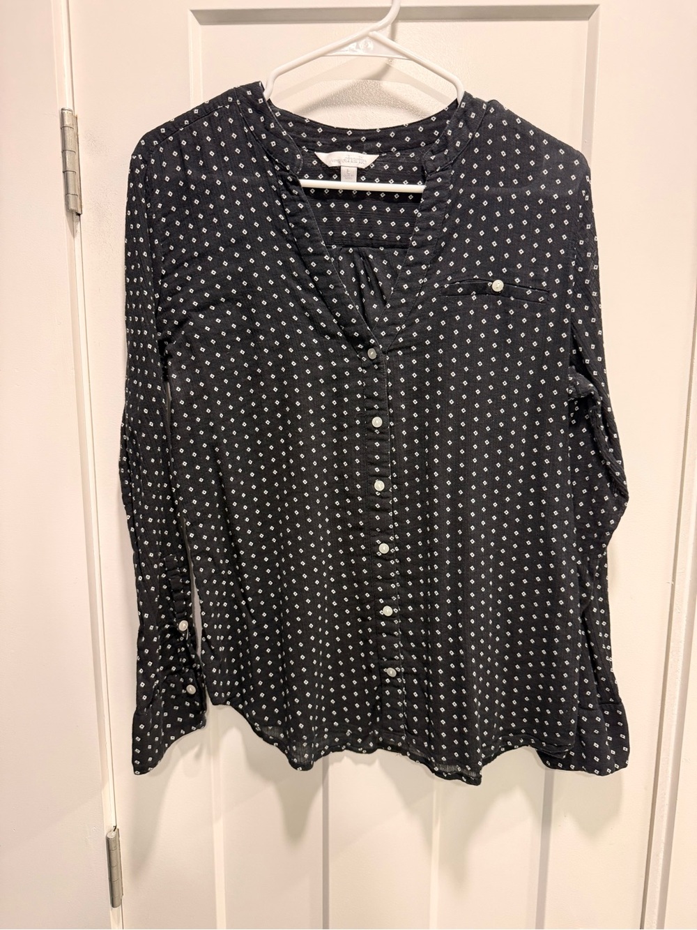 Charlies Black Button-Front Blouse with White Dot Print